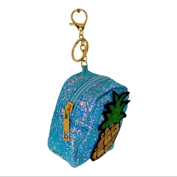 GLITTER PINEAPPLE MINI BACKPACK COIN PURSE KEYCHAIN IN BLUE - Picture 4 of 5